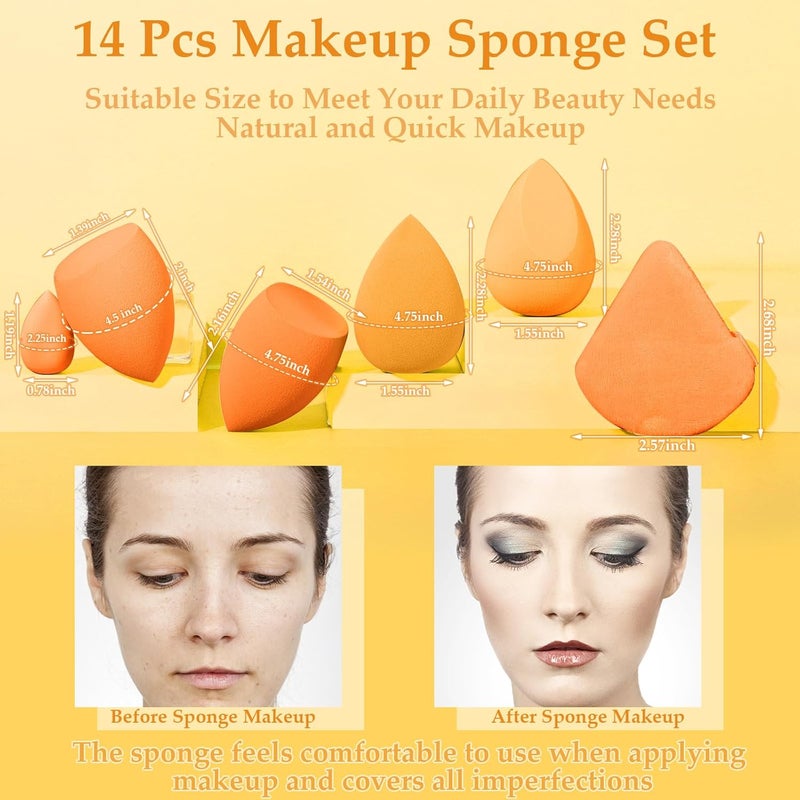 AuraRay 14 Pcs Makeup Sponge Set,Beauty Sponges Blender with 4 Pcs Powder Puff and 4 Pcs Mini Make up Sponges Birthday Gift,Mother's Day Gift for Women Liquid,Foundation,Powder,Concealer,Cream(Orange) - Image 2